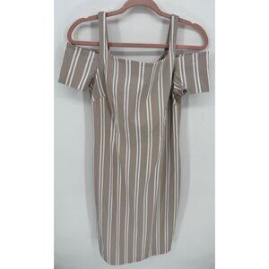 Calvin Klein Womens Striped Beige & White Off-Shoulder Bodycon Dress